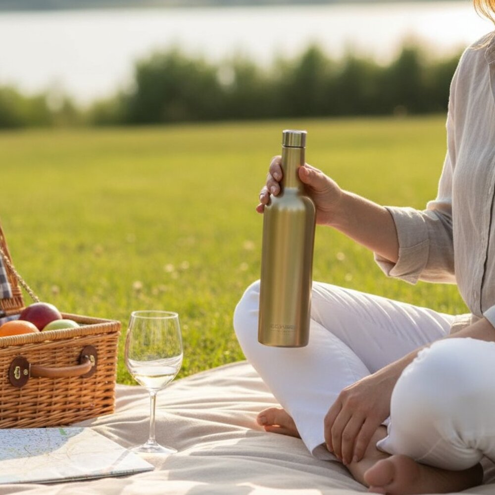 NIB EcoVessel VINE Insulated Stainless Steel Wine Bottle - 750ml Gold